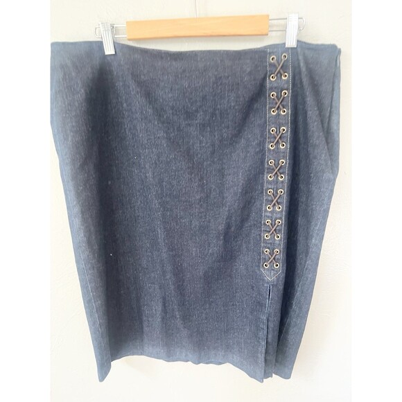 Lauren Ralph Lauren Denim Skirt 16 XL Split Front Pencil Cotton Lace Up Western - Picture 4 of 9